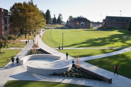 View over campus lawn and pathways