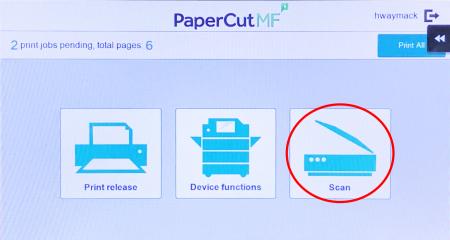 screenshot of the PaperCut interface on copier. From left to right are the options for Print Release, Device Functions, and Scan. The right side option, Scan, is circled, indicating to select this option to begin scanning on the copier.
