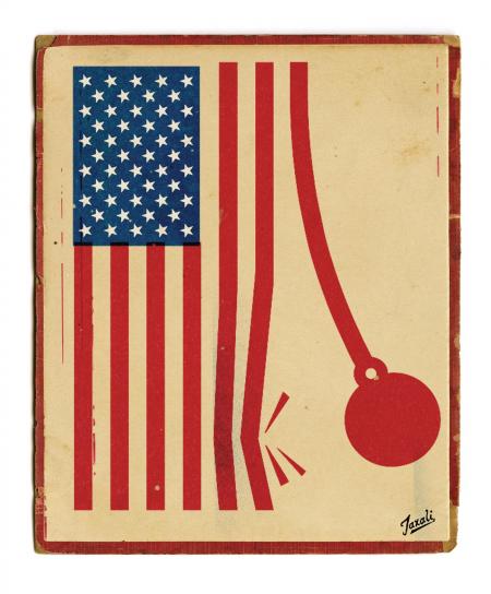 Illustration of the American flag with a wrecking ball swinging in from the right side