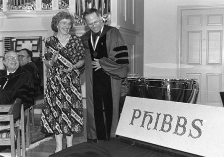 President Philip M. Phibbs and Gwen Phibbs, at the dedication of New Hall as Phibbs Hall, 1992
