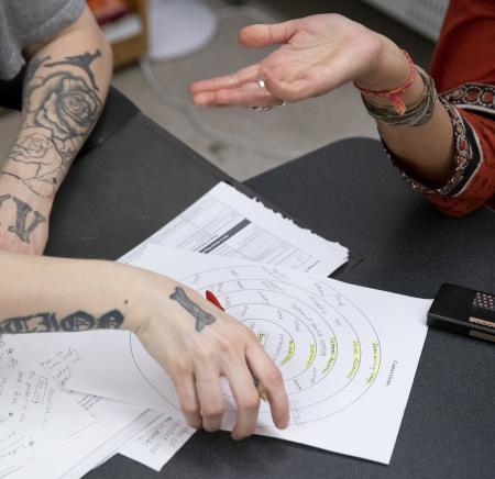 The arms of two people shuffling papers as they discuss the content