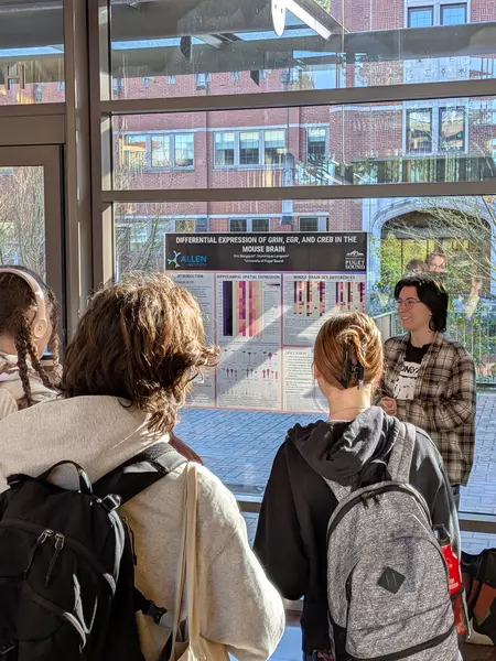 Dominique Langevin presents their poster to a group of students. 