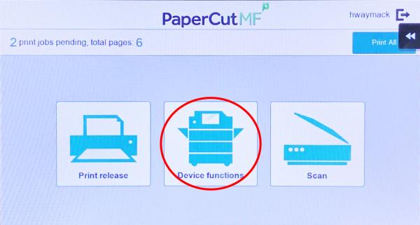 screenshot of the PaperCut interface on copier. From left to right are the options for Print Release, Device Functions, and Scan. The middle option, Device Functions, is circled, indicating to select this option to access Classic View on the copier.
