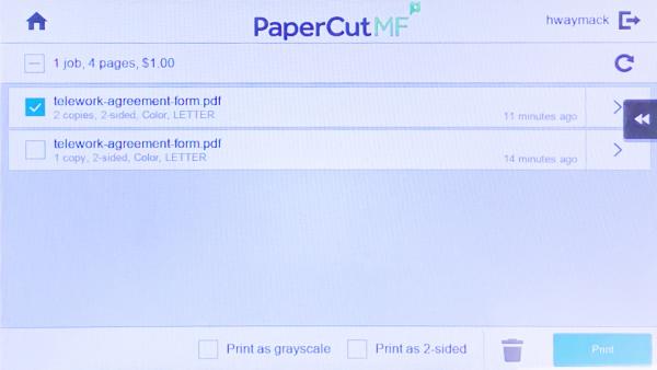 screenshot of the PaperCut interface on copier for releasing print jobs from Print Release