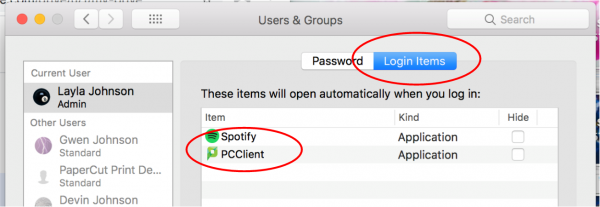 screenshot of Users & Groups window from Mac System Settings. The current user is selected on the left column. The Login Items tab is selected above the main window on the right. "PCClient" is circled in red to indicate that it should be added to the list of login items.