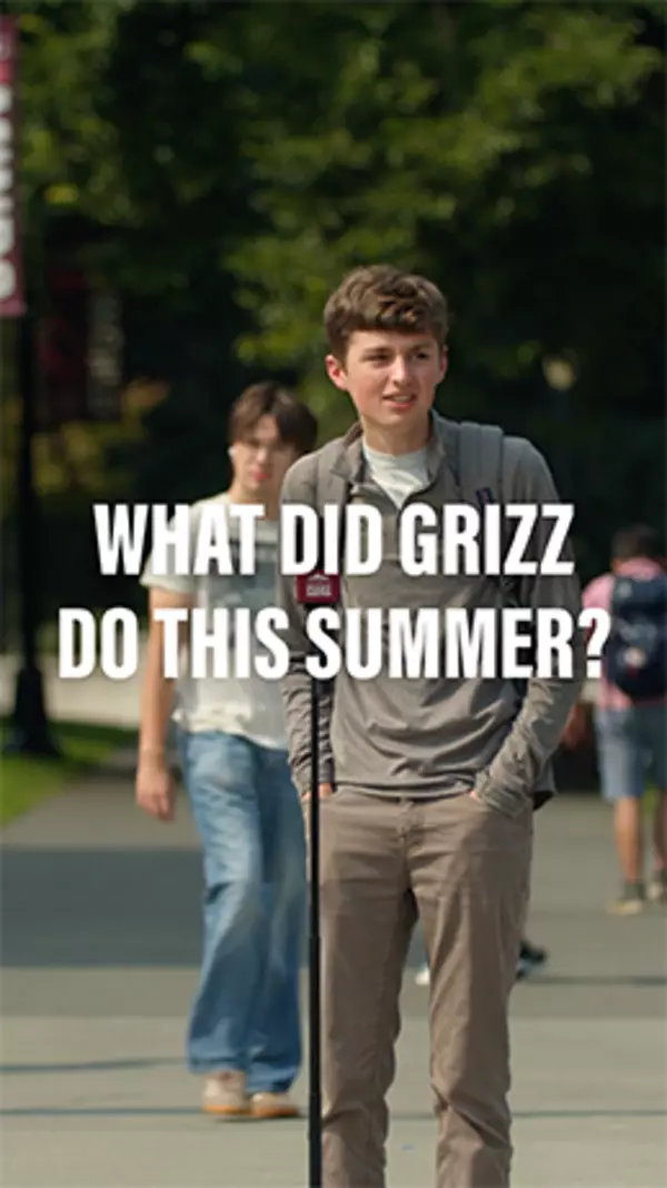 "What Did Grizz Do This Summer?" video thumbnail featuring a student at a standing mic on campus.