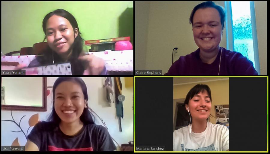 Four participants in an online video Zoom call to Indonesia