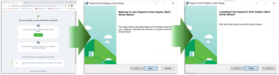 a composition of several screenshots showing the set of PaperCut Print Deploy Client installation windows