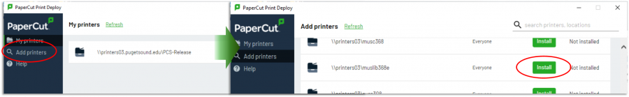 a composition of two screenshots showing how to search for and then add individual printers through the Print Deploy Client