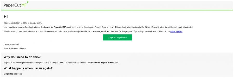 screenshot of email from PaperCut requesting access to a user's Google Drive for the purpose of saving scans from the copier