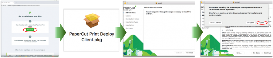 screenshot showing steps for downloading and installing PaperCut Print Deploy Client: Download the client, click on the package to launch the installer, and follow the onscreen prompts to complete the installation.